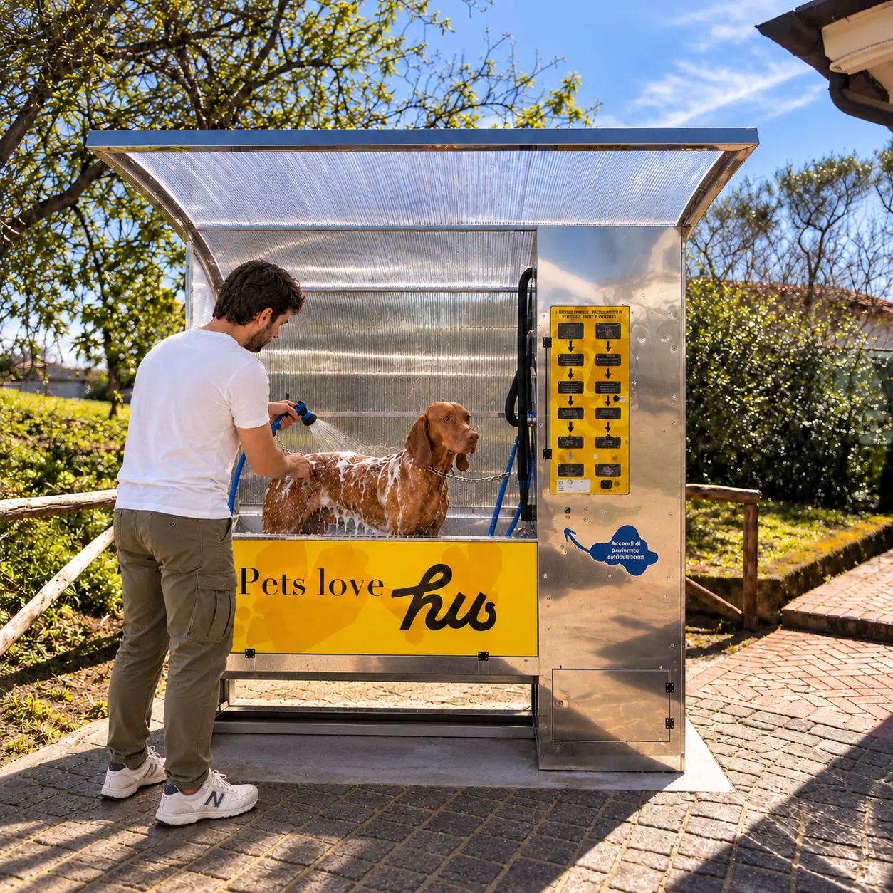 Akita - Attrezzatura lavaggio cani self-service Shower2Pet Stazione Akita Shower2Pet - Vasca lavaggio cani self-service design compatto per spazi ridotti