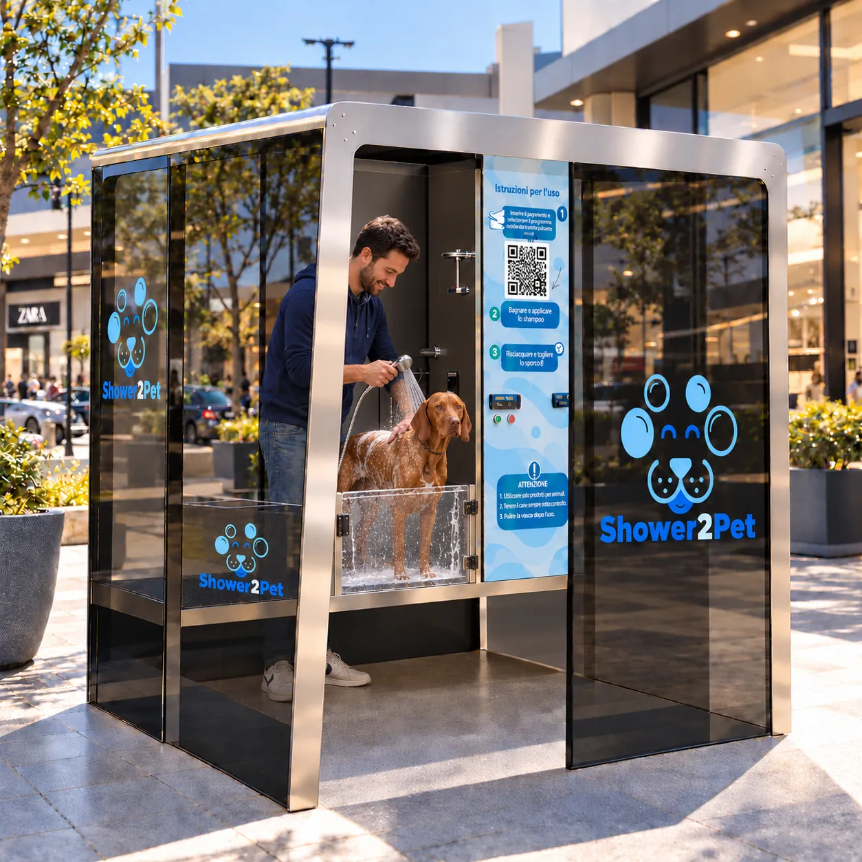 Husky - Attrezzatura lavaggio cani self-service Shower2Pet Stazione Husky Shower2Pet per lavaggio cani self-service - Stazione chiusa resistente alle intemperie